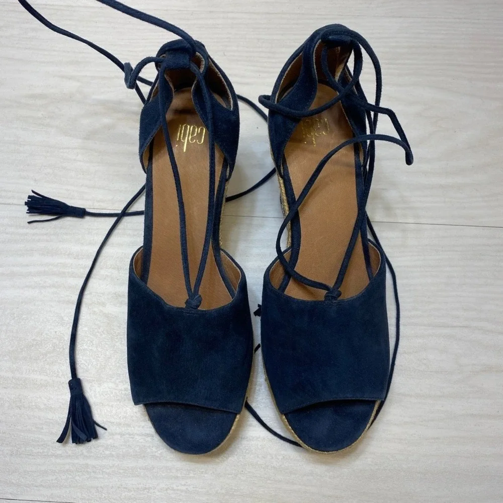Cabi Navy Blue Suede Espadrille Wedge Sandals Lace Up Tassel‎ Embroidered 8M